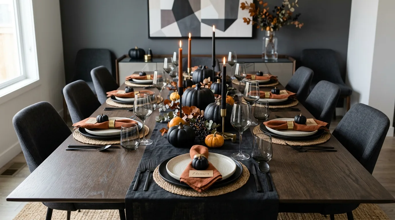 Use black plates or chargers for stronger contrast inspiration for a Halloween dining table.